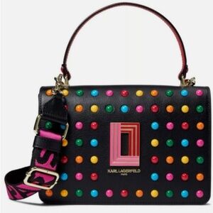 Karl Lagerfeld Black/Pink/Red Dot Simone Front Flap Crossbody Bag, NWT